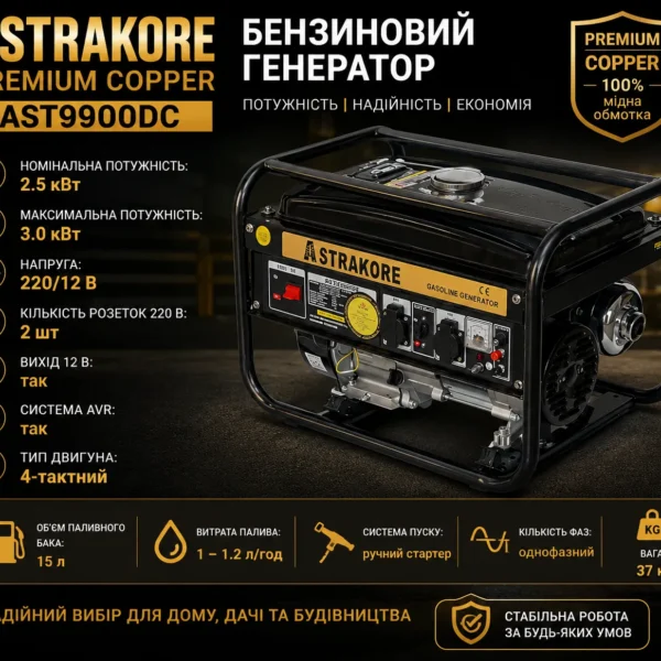 Бензиновий генератор ASTRAKORE AST9900DC 3кW(2.5кW) 15л