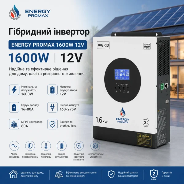 Гібридний інвертор ENERGY PROMAX VM II 1600W 12V MPPT 80А 6.4 кг