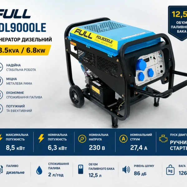 Генератор дизельний FULL FDL9000LE 8.5kVA(6.8kW) бак 12,5 л, витрата 2 л/год