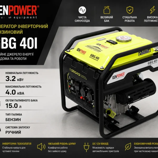 Бензиновий інверторний генератор Genpower GBG 40I 3.2kW (4kVA), 15.0л