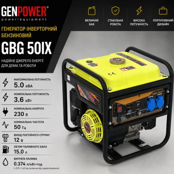 Бензиновий інверторний генератор Genpower GBG 50IX 3.6kW (5kVA), 15.0л