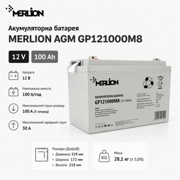 Акумуляторна батарея MERLION AGM GP121000M8 12V 100Ah