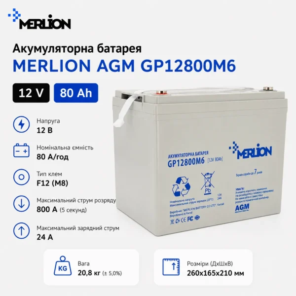 Акумуляторна батарея MERLION AGM GP12800M6 12V 80Ah