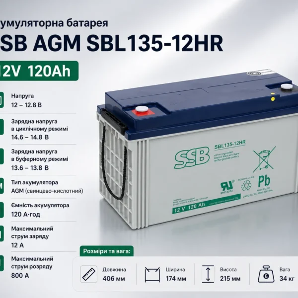 Акумулятор SSB AGM SBL135-12HR 12V 120Ah 34kg